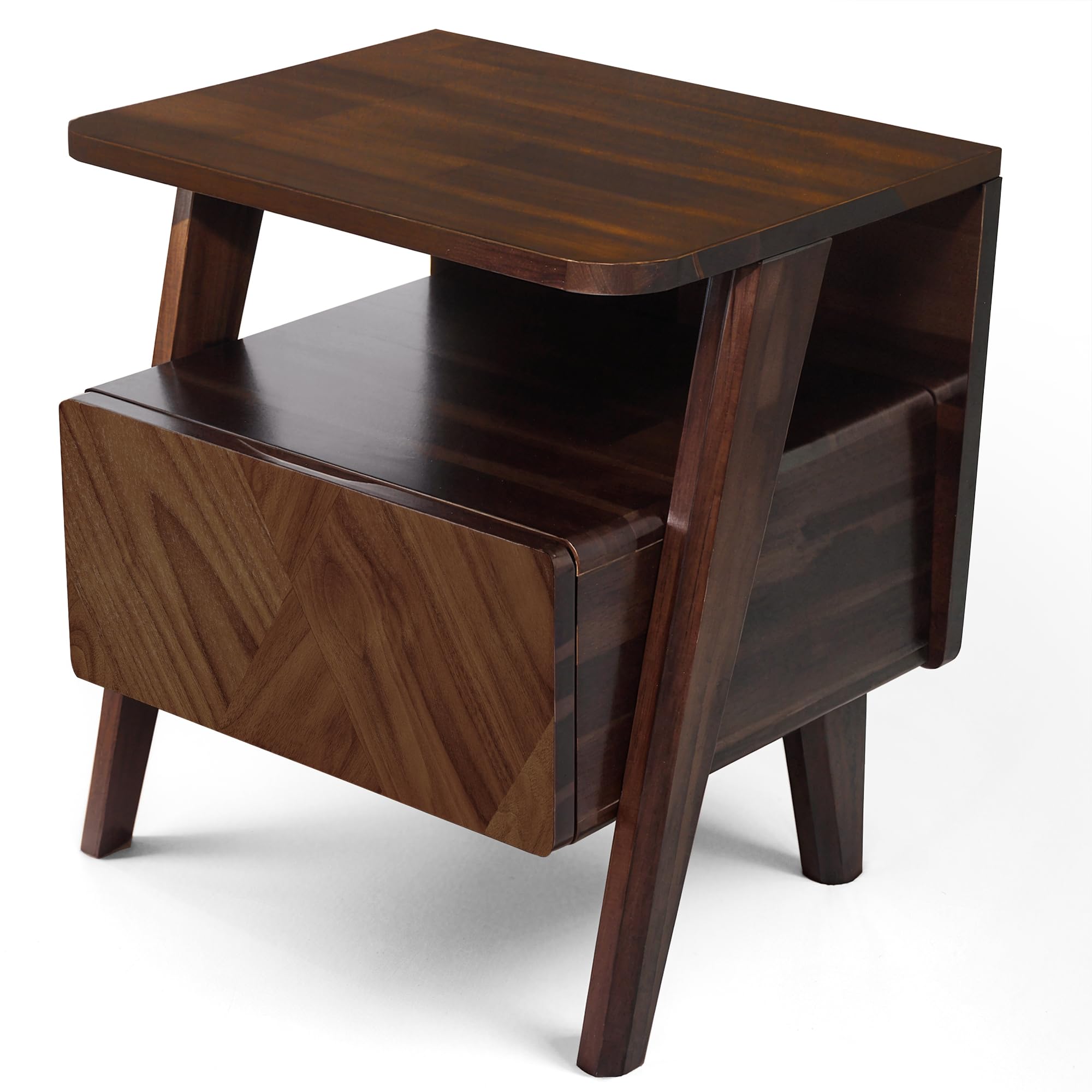 Rum Nightstand with Drawers, Solid Acacia Wood Bedside Table with Drawer & Open Shelf, Handcrafted Wood Grain End Table, Scratch & Water-Resistant, Durable & Easy Assembly (Caramel, Rum)