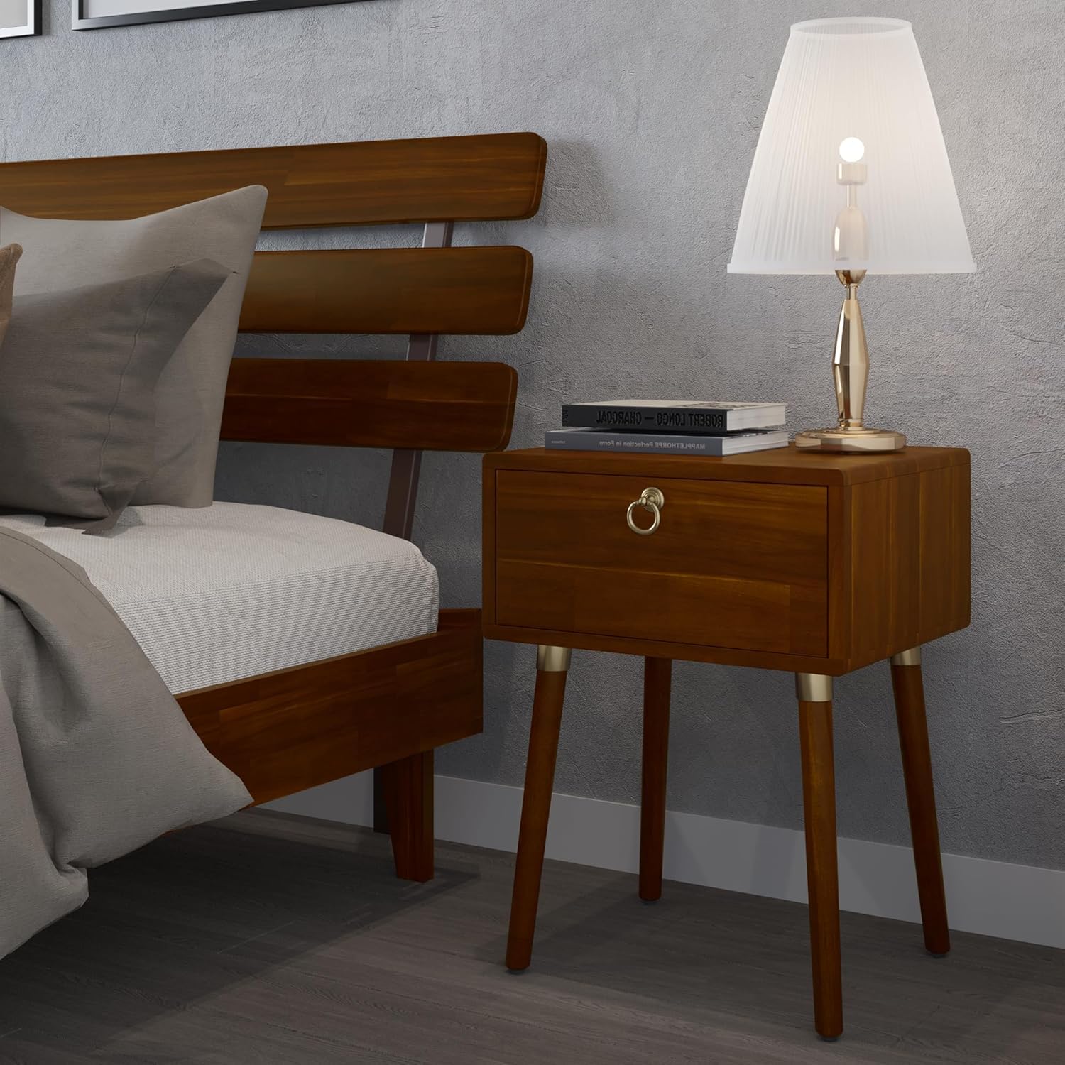 Bme Georgina Solid Wood Nightstand With 1 Drawer & Open Shelf- Fully Assembled Mid Century Modern Side Table - Geometric Pattern Bedside Dresser for Bedroom and Living Room