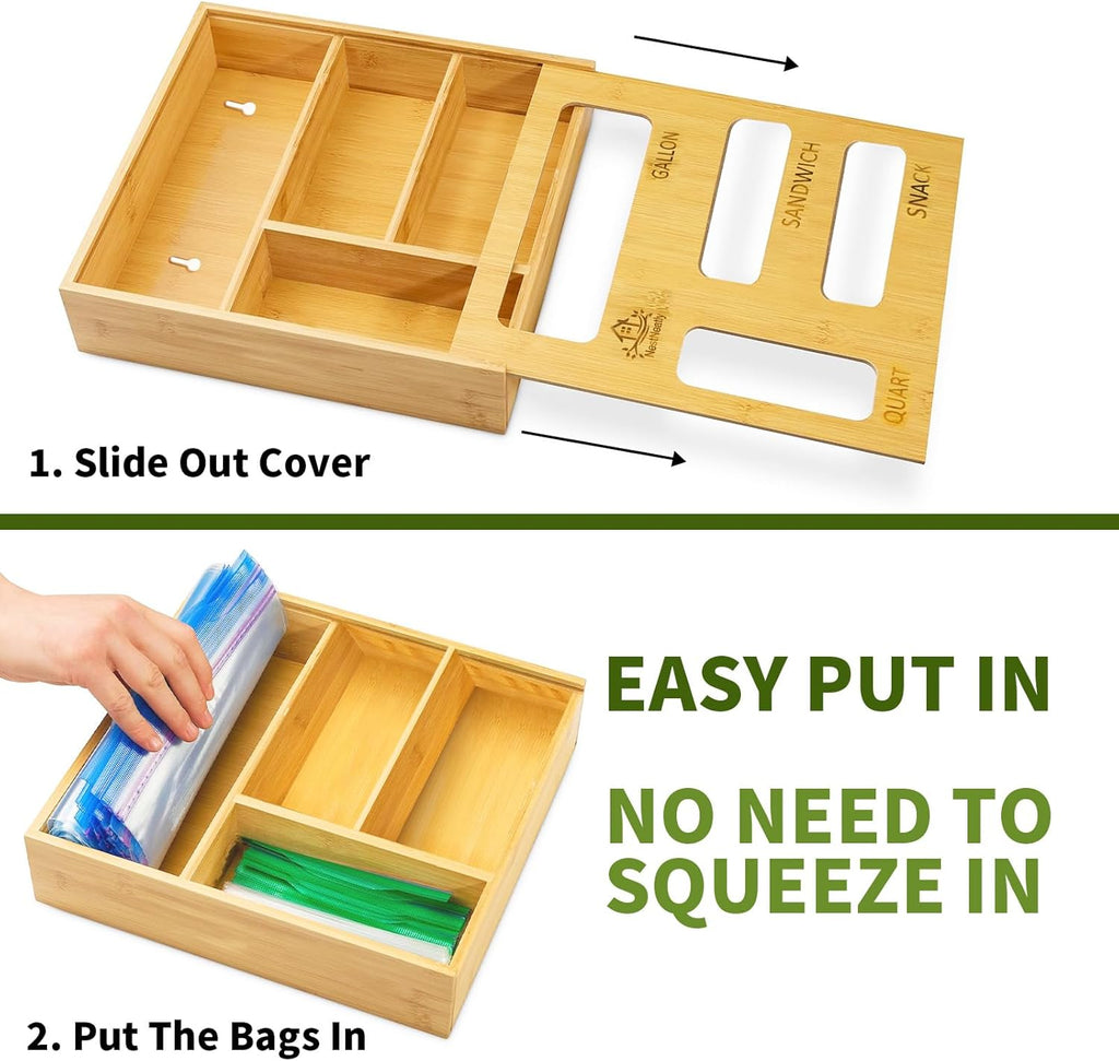 Bamboo Bag Storage Organizer for Kitchen Drawer – Expandable Drawer Organizer Compatible with Gallon, Quart, Sandwich, and Snack Bags – Versatile Storage Solution for Plastic Bags