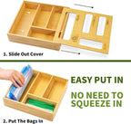 Bamboo Bag Storage Organizer for Kitchen Drawer – Expandable Drawer Organizer Compatible with Gallon, Quart, Sandwich, and Snack Bags – Versatile Storage Solution for Plastic Bags