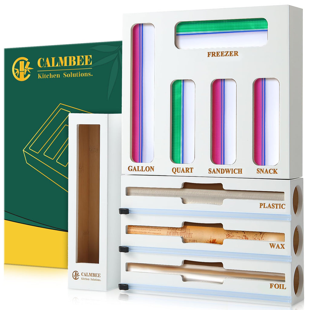 Calmbee 9 in 1 Bamboo Storage Bag Organizer for Kitchen Drawer – Plastic Wrap Dispenser with Cutter & Foil Organizer, Wooden Baggie Organizer for Sandwich, Snack, Gallon, Quart Sizes, Natural