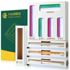 Calmbee 9 in 1 Bamboo Storage Bag Organizer for Kitchen Drawer – Plastic Wrap Dispenser with Cutter & Foil Organizer, Wooden Baggie Organizer for Sandwich, Snack, Gallon, Quart Sizes, Natural