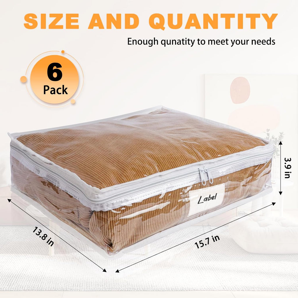 Clear Zippered Storage Bags Plastic Sweater Storage Bags with Zipper 6 Packs Clothing Organizer for Blankets Linen Sweater Bed Sheet Quilt Clothes Pillow (15.7 x 13.8 x 3.9 Inch, White)