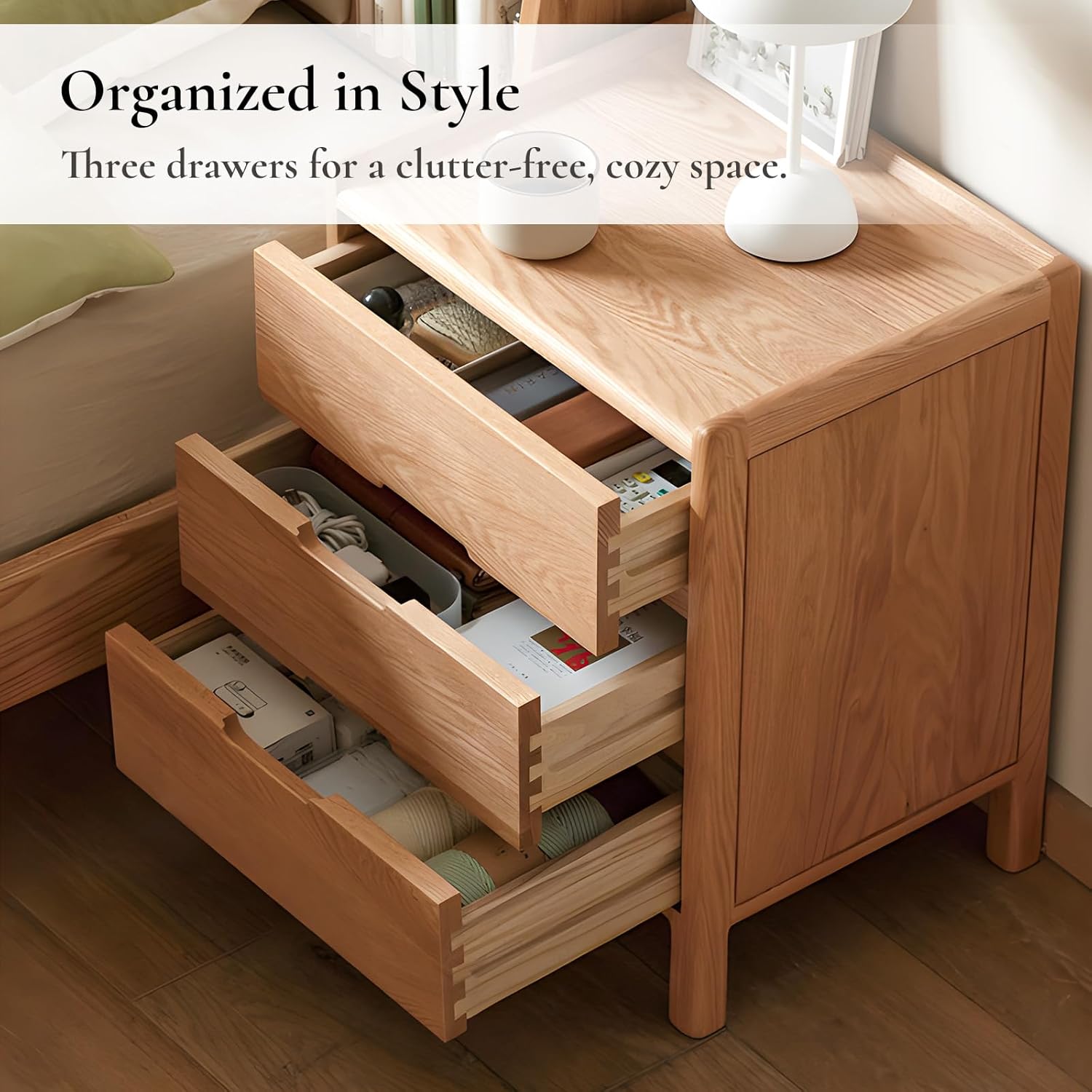 Nightstand, Solid Wood Small End Table w/3 Drawers, Modern Bedside Tables, Mid Century Night Stand, Bed Side Table, 15.75" W x 13.78" D x 21.65" H (Natural)