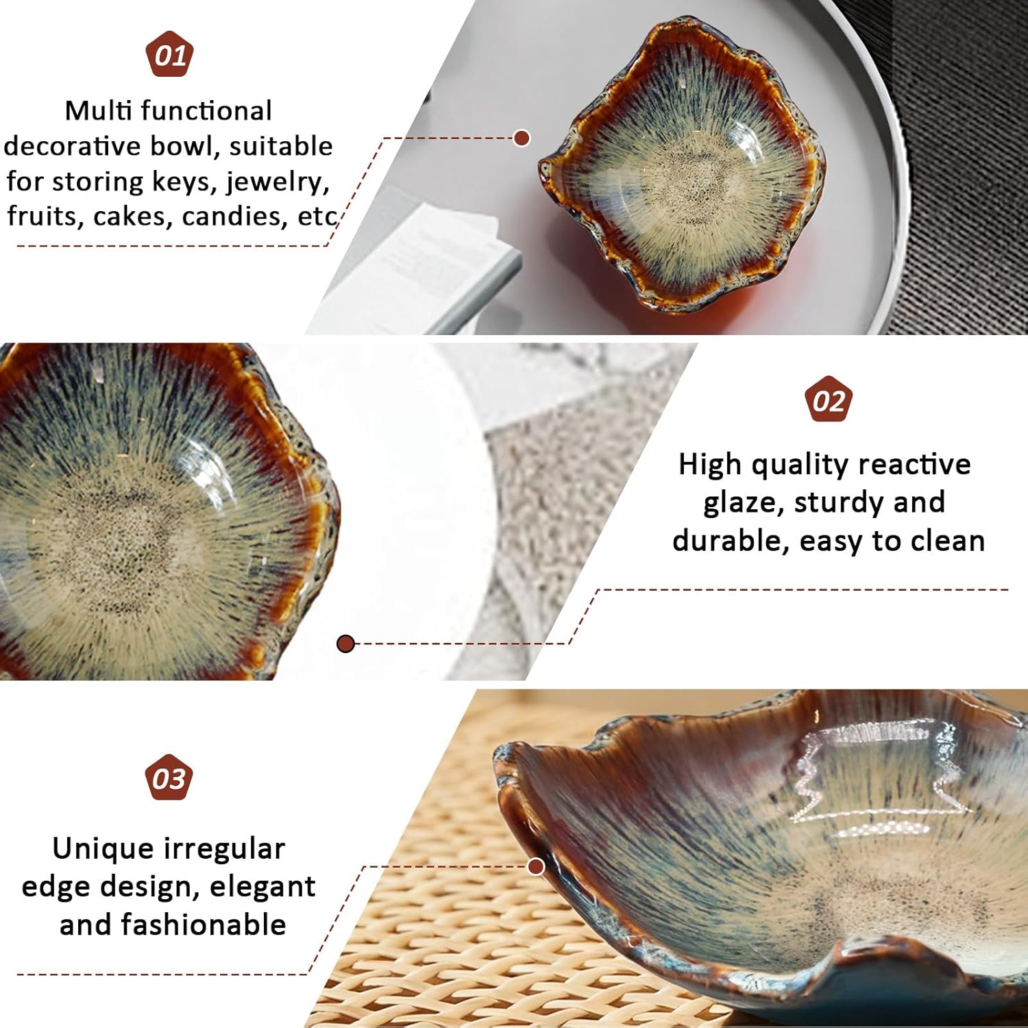 8" Ceramic Decorative Bowl，Irregular Rim Reactive Glaze Key Bowl For Entryway Table，Handcrafted Purse Catch All Bowls，Japanese Style Fruit Bowls For Tabletop or Home Decor