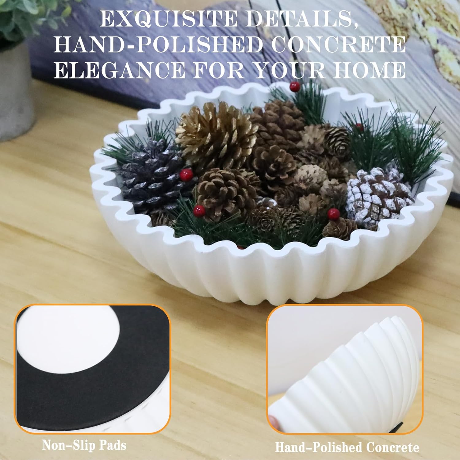 Decorative Bowl With Beads for Home Decor - Large Decorative Fruit Bowls for Candy - Scalloped Ruffle Centerpiece key Bowl - Morden Round 10" Aesthetic Coffee Entry Table Decor (White)