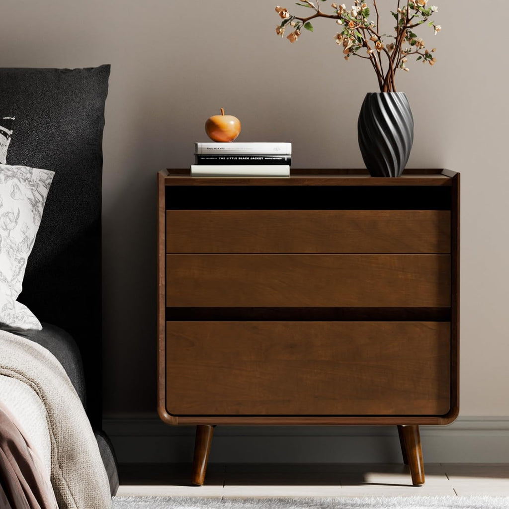 25.43" Walnut Finish Nightstand with Charging Station Mid Century Modern Night Stand with Leg Wood Bedside Table with Drawers Nightstand for Bedroom Dorm