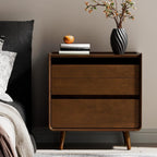 25.43" Walnut Finish Nightstand with Charging Station Mid Century Modern Night Stand with Leg Wood Bedside Table with Drawers Nightstand for Bedroom Dorm