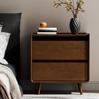 25.43" Walnut Finish Nightstand with Charging Station Mid Century Modern Night Stand with Leg Wood Bedside Table with Drawers Nightstand for Bedroom Dorm