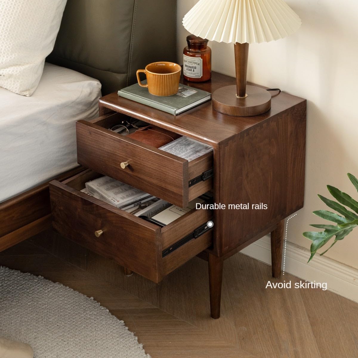 GVAwood Solid Wood Nightstand, Walnut Finish Bedside Table, Real Wood Side Table for Bedroom, Modern Compact Night Stand with Storage, Mid Century End Table Furniture, 15.7 x 13.8 x 19.7 Inch