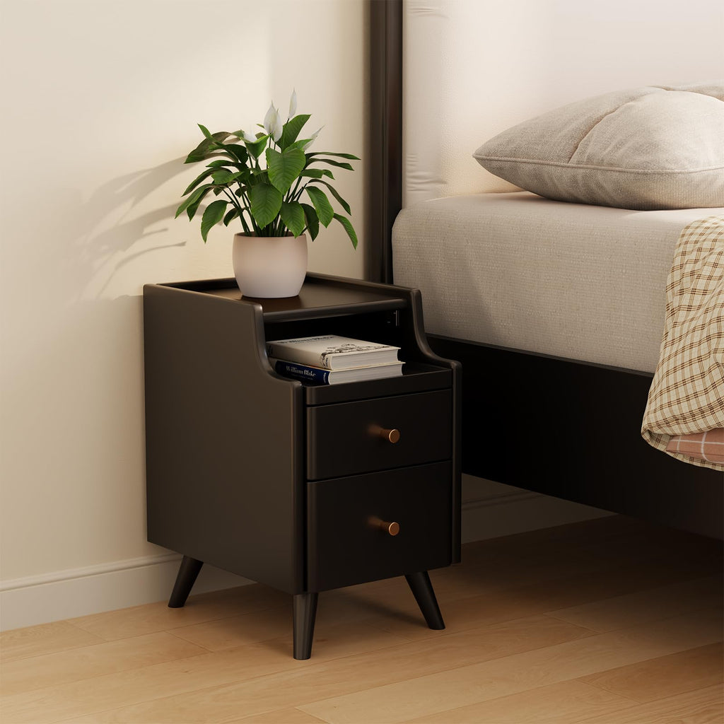AQIMUELE Small Nightstand with Drawers, Solid Wood Bedside Table, Narrow Walnut Nightstand for Bedroom