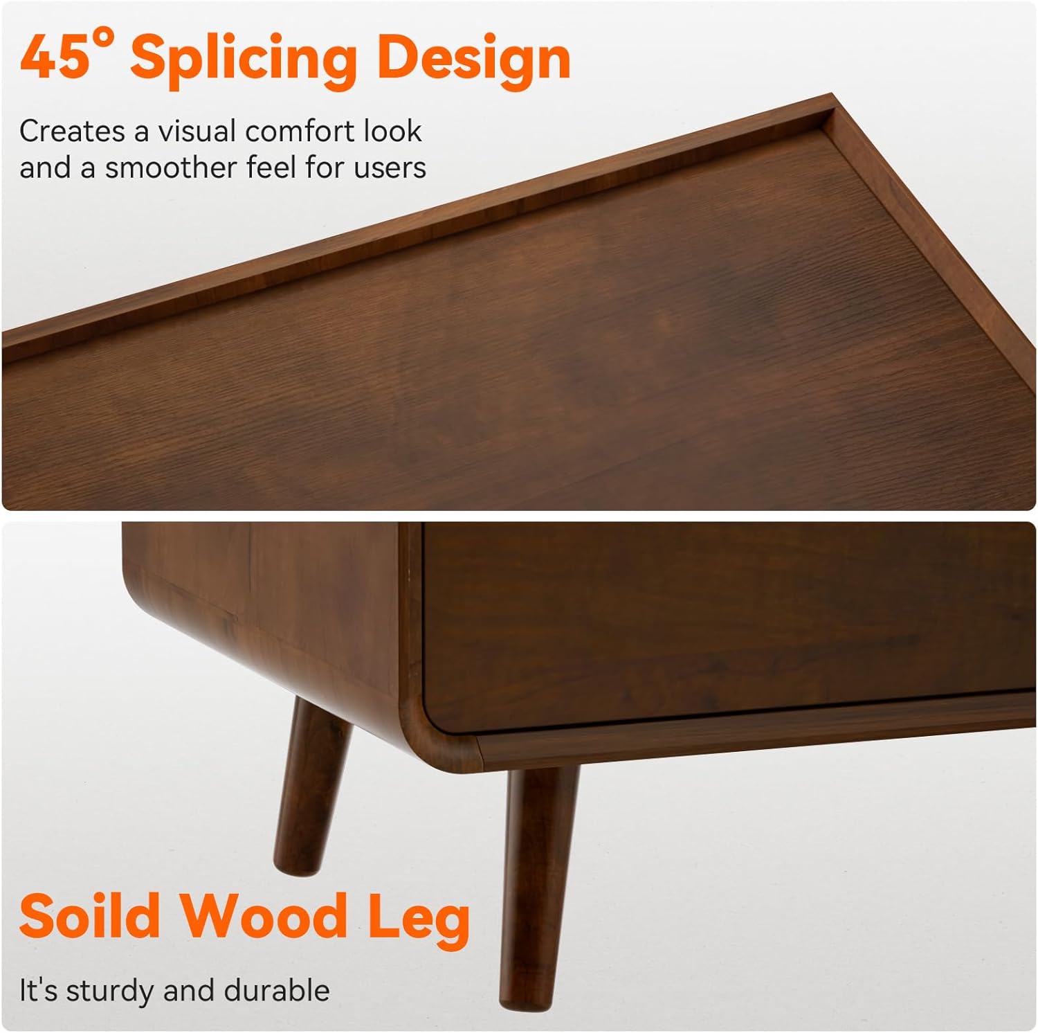 25.43" Walnut Finish Nightstand with Charging Station Mid Century Modern Night Stand with Leg Wood Bedside Table with Drawers Nightstand for Bedroom Dorm