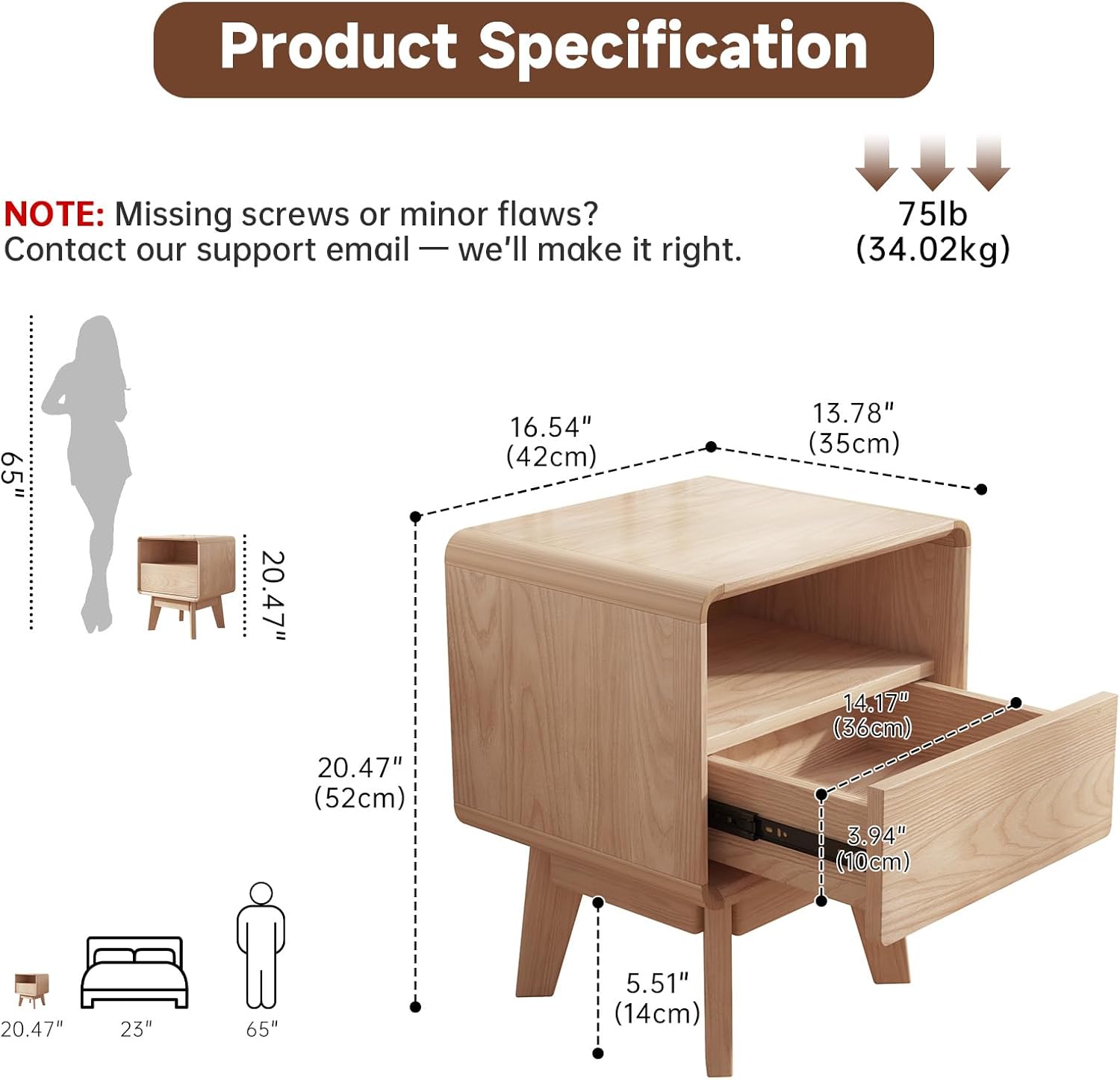 Solid Wood Nightstand, Mid-Century Modern Night Stand with Drawer & Open Shelf, Compact Bedside Tables for Bedroom, Office, Small Spaces, Light Natural Finish, Pre-Assembled