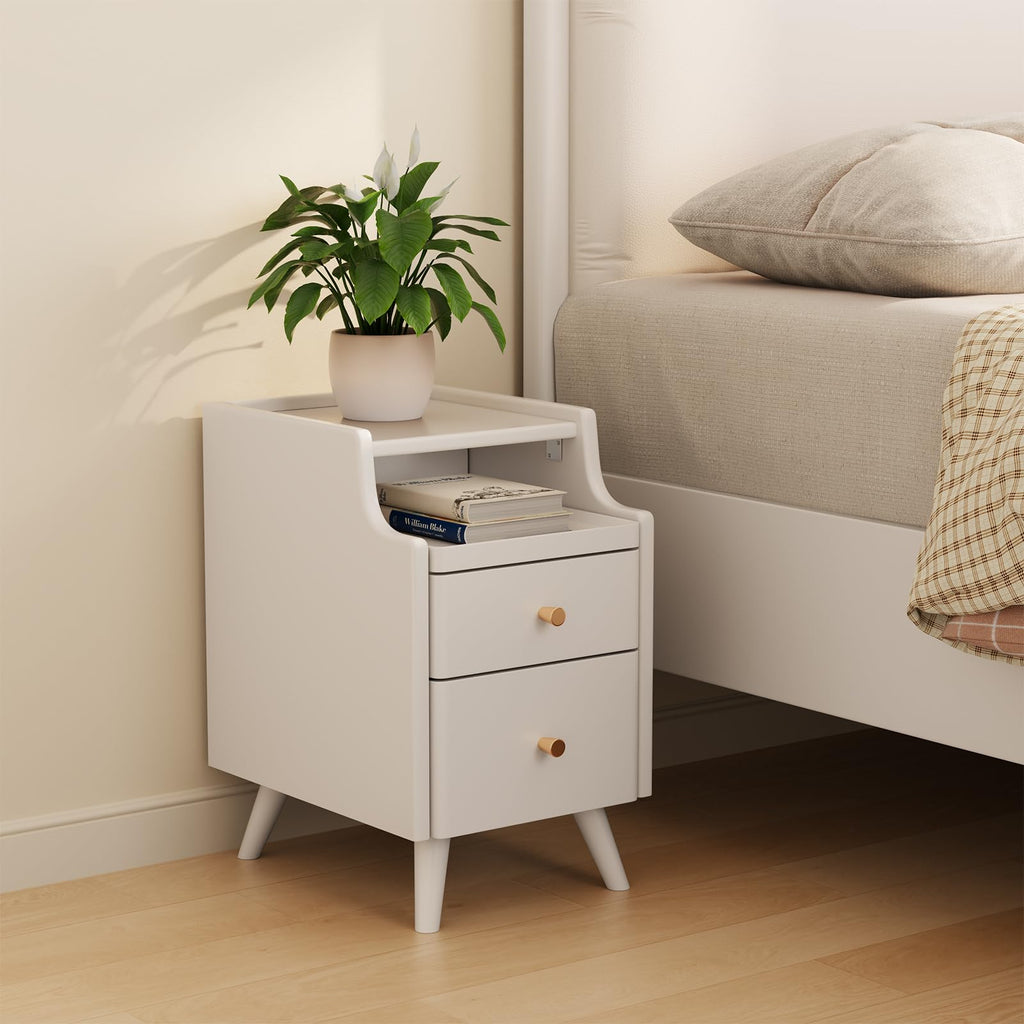 AQIMUELE Small Nightstand with Drawers, Solid Wood Bedside Table, Narrow Walnut Nightstand for Bedroom