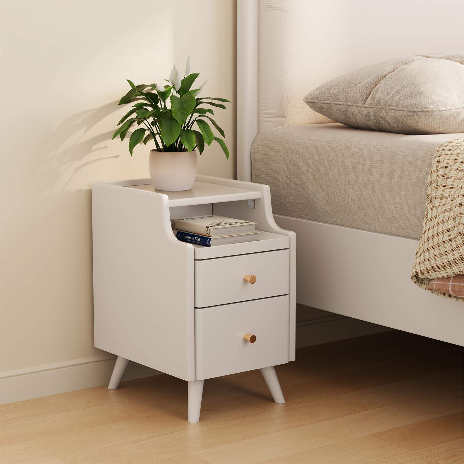 AQIMUELE Small Nightstand with Drawers, Solid Wood Bedside Table, Narrow Walnut Nightstand for Bedroom