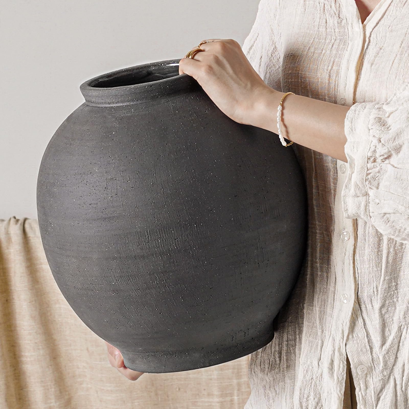 Large White Ceramic Vase - 9.8 Inch Rustic Farmhouse Flower Vase for Home Decor, Minimalist Tall Vases for Living Room, Table, Bathroom, Holiday & Weddings (Sandstone White)