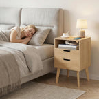 MAHANCRIS Natural Nightstand with Charging Station, Modern Bedside Table with 2 Storage Drawers, Open Storage, Night Stand with Solid Wood Legs, for Bedroom, End Side Table for Small Spaces, ETNA69E01