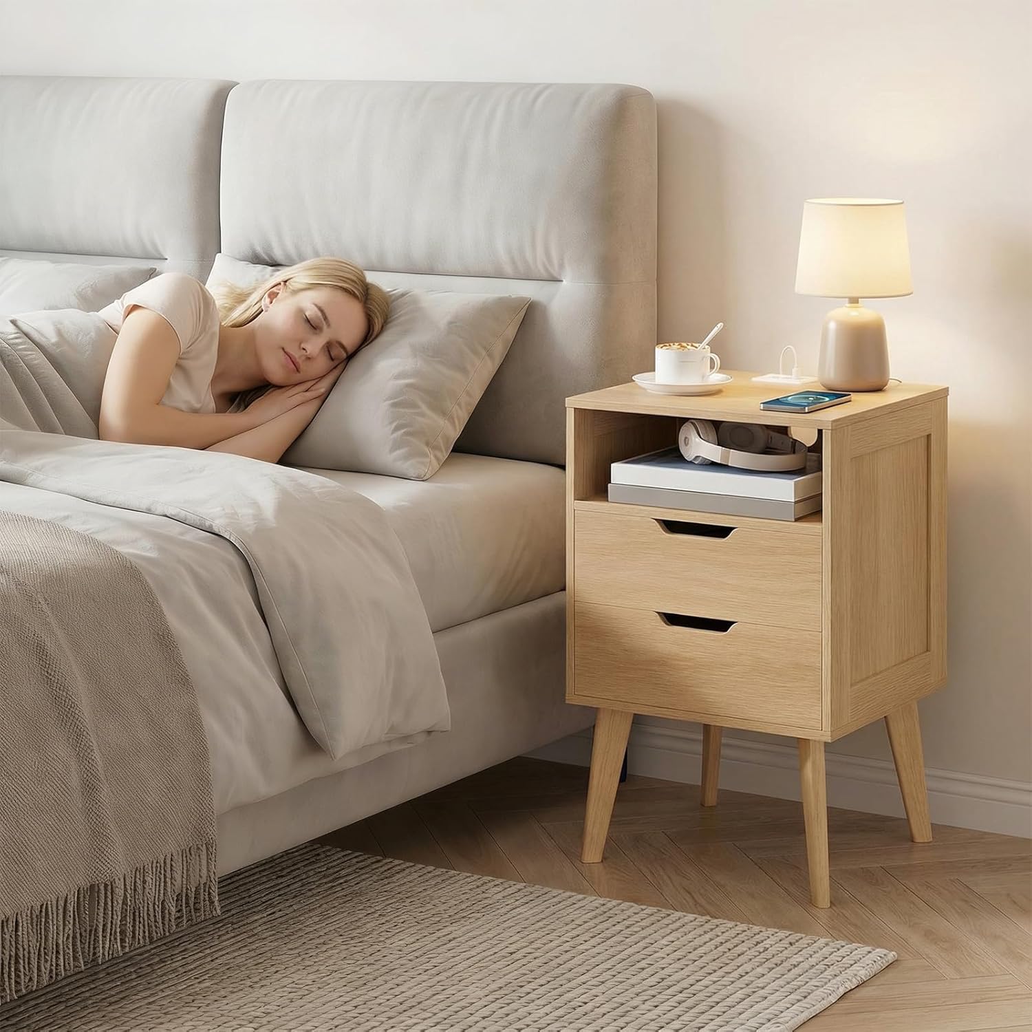 MAHANCRIS Natural Nightstand with Charging Station, Modern Bedside Table with 2 Storage Drawers, Open Storage, Night Stand with Solid Wood Legs, for Bedroom, End Side Table for Small Spaces, ETNA69E01