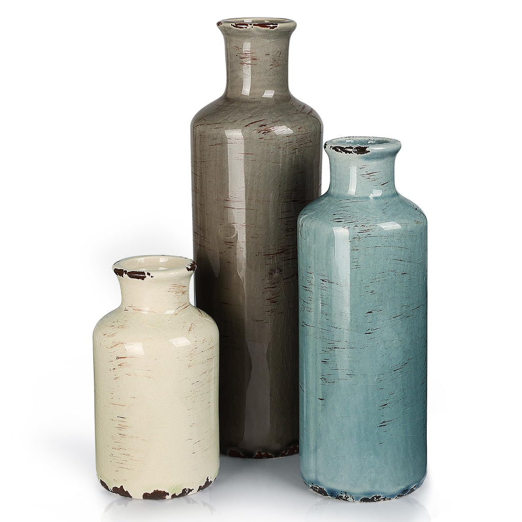 CUCUMI Ceramic Vase Set of 5, Home Decor Farmhouse Décor Handmade Pottery Vases for Pampas Grass, Dried Fresh Flowers, Table, Living Room, Kitchen, Shelf, Entryway Mantel Neutral Tones