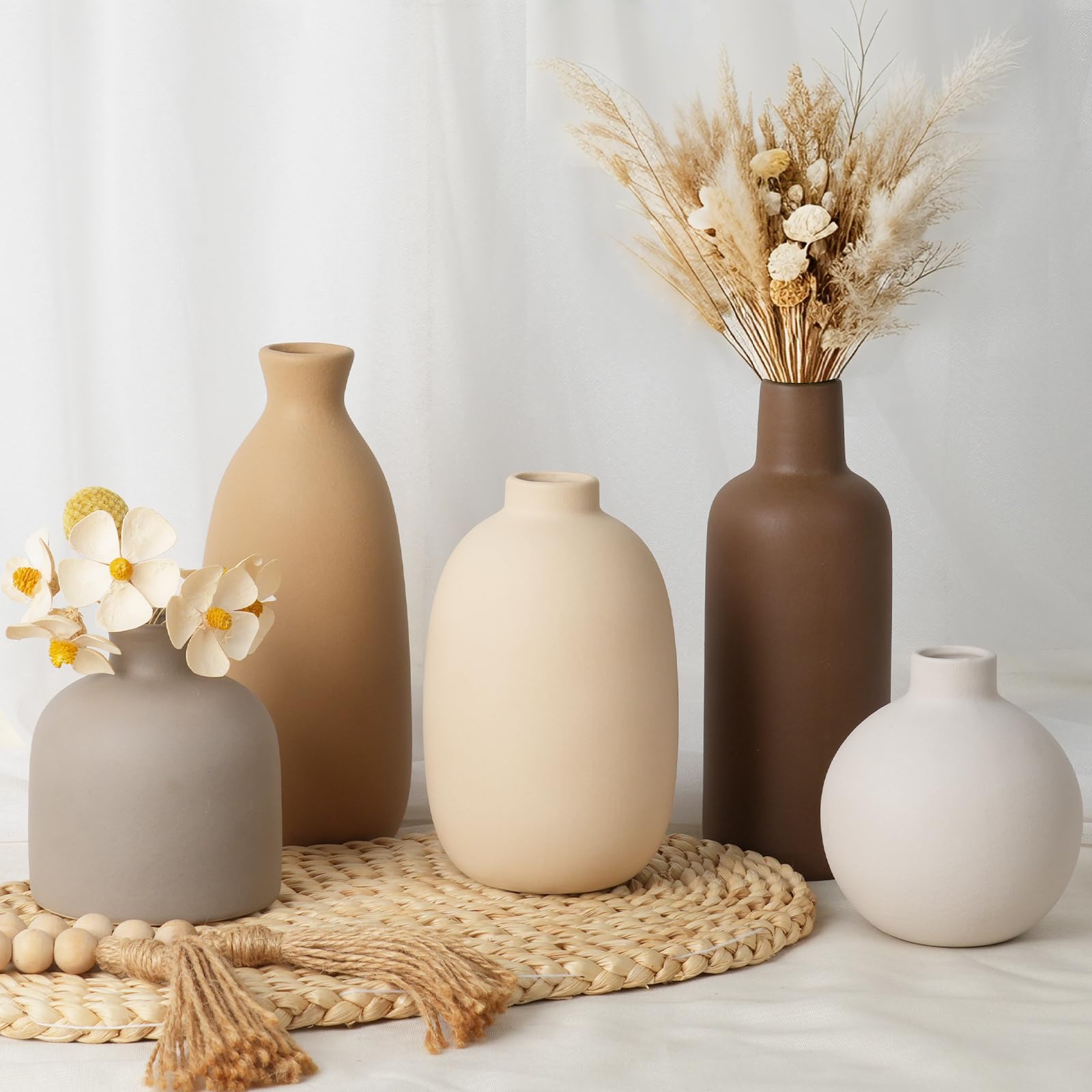 CUCUMI Ceramic Vase Set of 5, Home Decor Farmhouse Décor Handmade Pottery Vases for Pampas Grass, Dried Fresh Flowers, Table, Living Room, Kitchen, Shelf, Entryway Mantel Neutral Tones