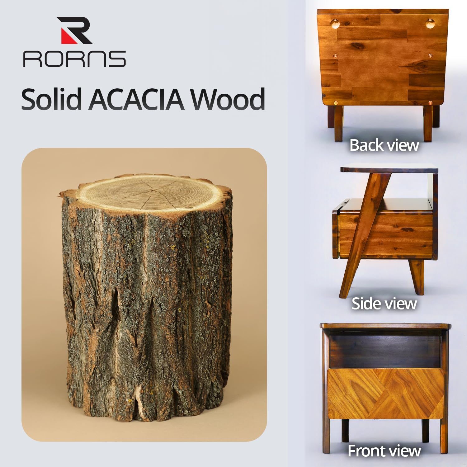 Rum Nightstand with Drawers, Solid Acacia Wood Bedside Table with Drawer & Open Shelf, Handcrafted Wood Grain End Table, Scratch & Water-Resistant, Durable & Easy Assembly (Caramel, Rum)