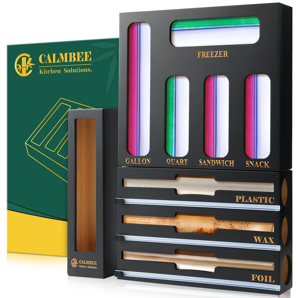 Calmbee 9 in 1 Bamboo Storage Bag Organizer for Kitchen Drawer – Plastic Wrap Dispenser with Cutter & Foil Organizer, Wooden Baggie Organizer for Sandwich, Snack, Gallon, Quart Sizes, Natural