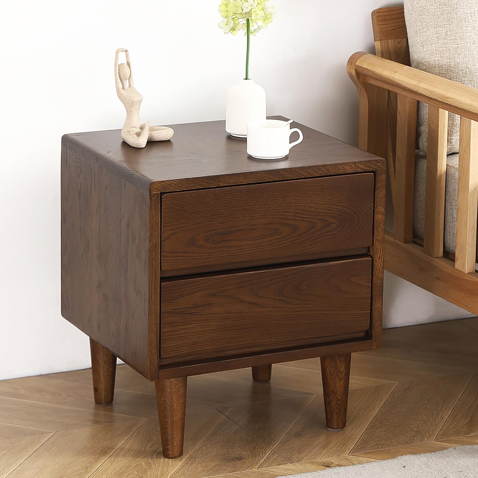 Solid Oak Wood Nightstand, Bedside Table with 2 Drawer, Mid-Century Luxury Night Stand, Modern Sofa Side End Table, Farmhouse Wooden Night Stand Bedside Table for Bedroom, Easy Assembly, Natural Color