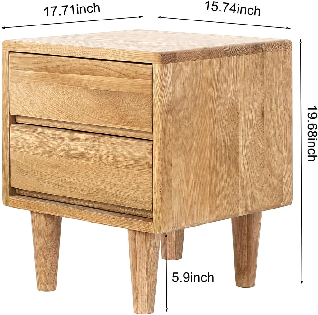 Solid Oak Wood Nightstand, Bedside Table with 2 Drawer, Mid-Century Luxury Night Stand, Modern Sofa Side End Table, Farmhouse Wooden Night Stand Bedside Table for Bedroom, Easy Assembly, Natural Color