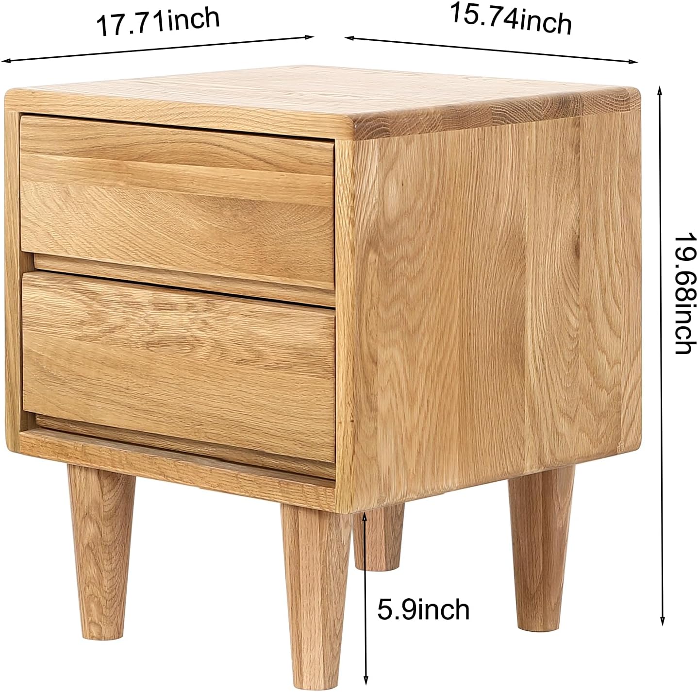 Solid Oak Wood Nightstand, Bedside Table with 2 Drawer, Mid-Century Luxury Night Stand, Modern Sofa Side End Table, Farmhouse Wooden Night Stand Bedside Table for Bedroom, Easy Assembly, Natural Color