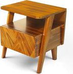 Rum Nightstand with Drawers, Solid Acacia Wood Bedside Table with Drawer & Open Shelf, Handcrafted Wood Grain End Table, Scratch & Water-Resistant, Durable & Easy Assembly (Caramel, Rum)