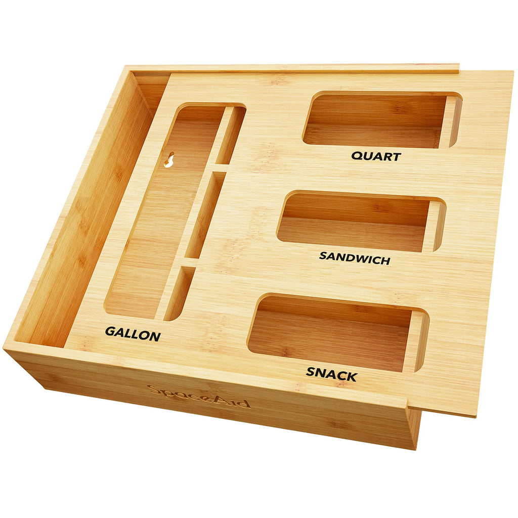 SpaceAid Bag Storage Organizer for Kitchen Drawer, Bamboo Organizer, Compatible with Gallon, Quart, Sandwich and Snack Variety Size Bag (1 Box 4 Slots), 2.5" High