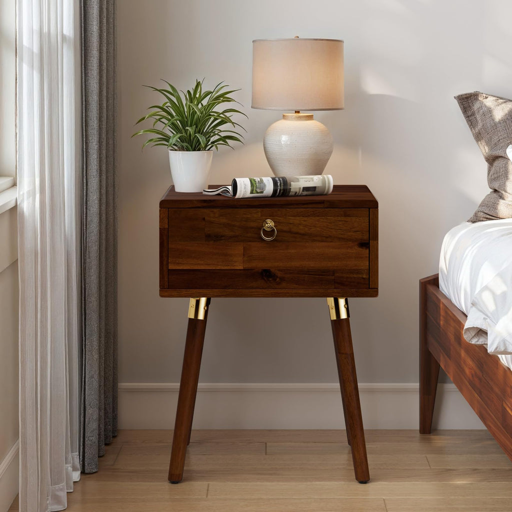 Bme Alden Solid Wood Nightstand/Side Table/End Table, Fully Assembled, with 1-Drawer for Mid Century Bedroom and Living Room, (12mm), Dark Chocolate
