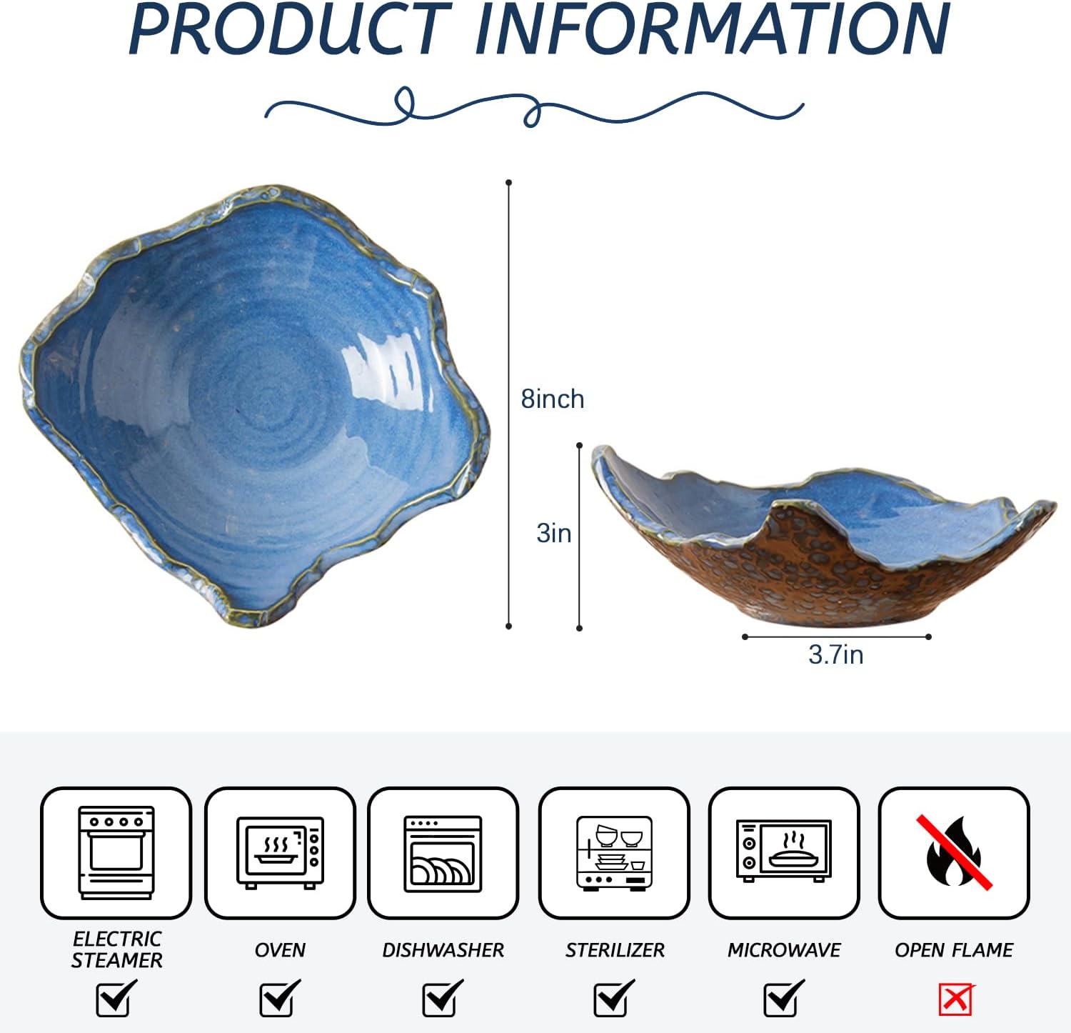 8" Small Ceramic Decorative Bowl 1 Pice – Irregular Rim Reactive Glaze Candy Bowl, Berry Bowl, Entryway Catchall, Japanese Style Fruit Dish for Tabletop or Home Decor (Blue)