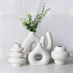 CUCUMI Ceramic Vase Set of 5, Home Decor Farmhouse Décor Handmade Pottery Vases for Pampas Grass, Dried Fresh Flowers, Table, Living Room, Kitchen, Shelf, Entryway Mantel Neutral Tones