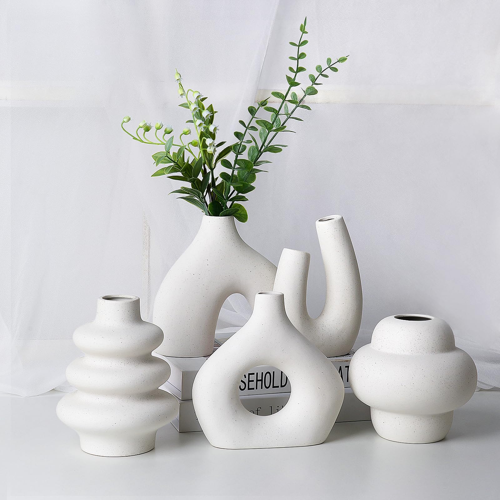 CUCUMI Ceramic Vase Set of 5, Home Decor Farmhouse Décor Handmade Pottery Vases for Pampas Grass, Dried Fresh Flowers, Table, Living Room, Kitchen, Shelf, Entryway Mantel Neutral Tones