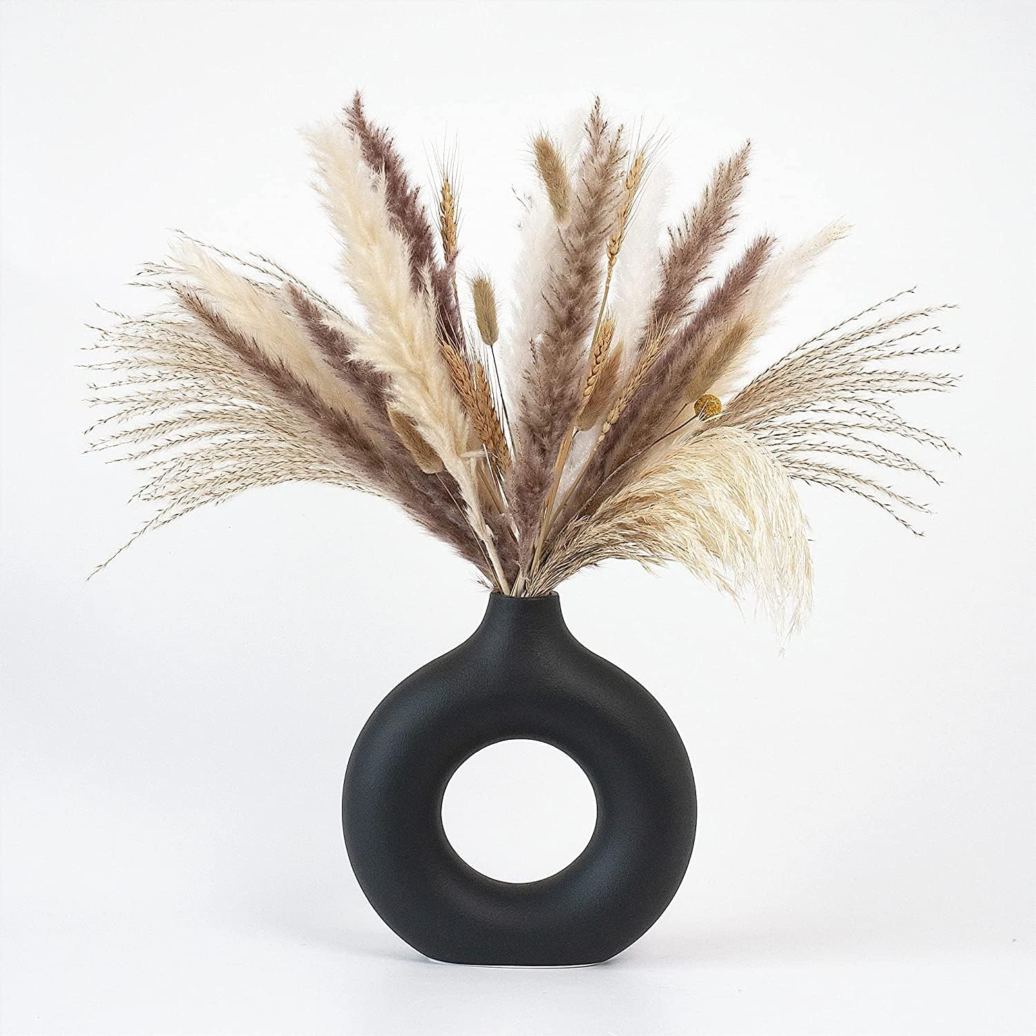CEMABT Black Donut Vase Hollow Ceramic Vase for Flowers Handmade Minimalist Boho ins Style Modern Home Decor for Wedding Dinner Table Party Living Room Office Bedroom