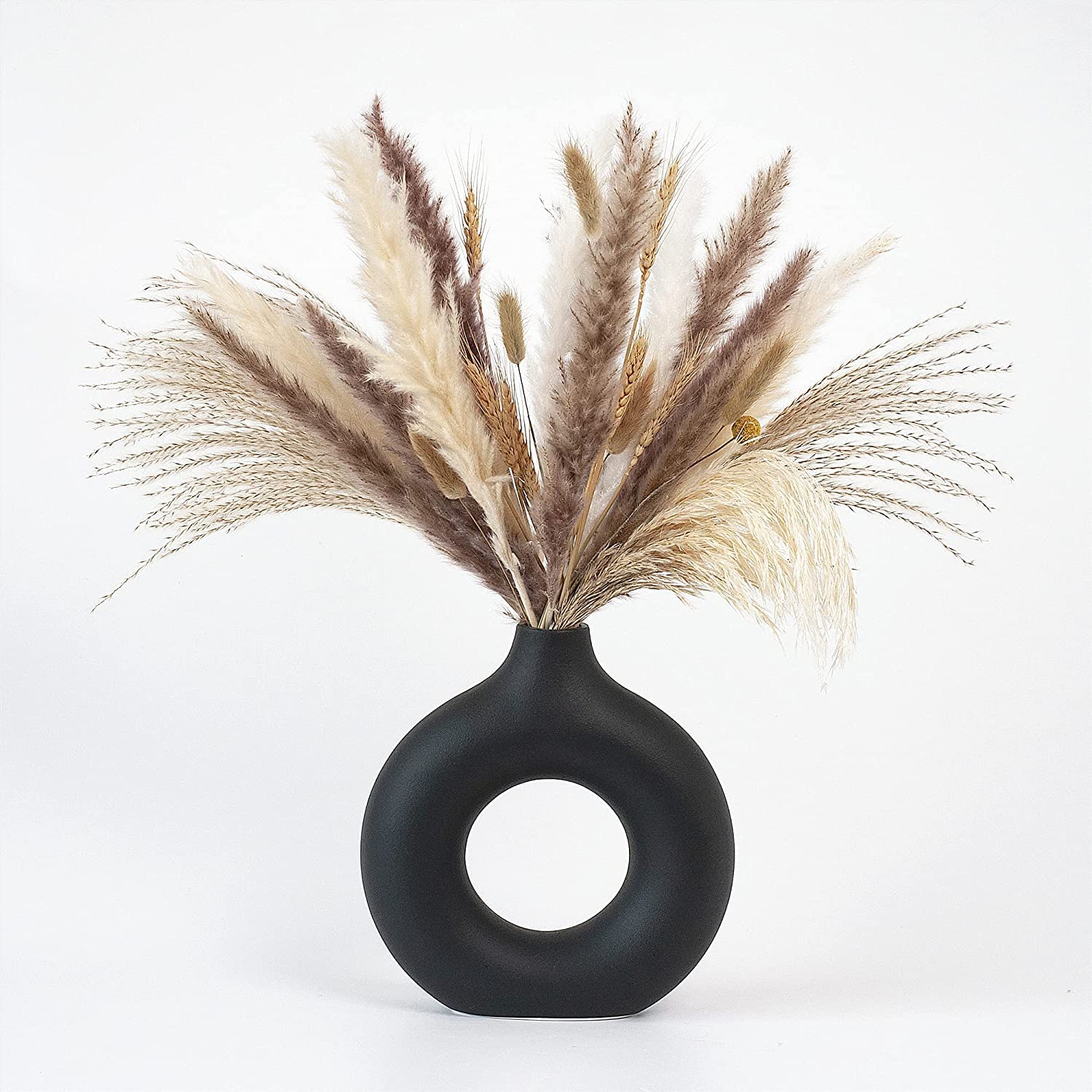 CEMABT Black Donut Vase Hollow Ceramic Vase for Flowers Handmade Minimalist Boho ins Style Modern Home Decor for Wedding Dinner Table Party Living Room Office Bedroom
