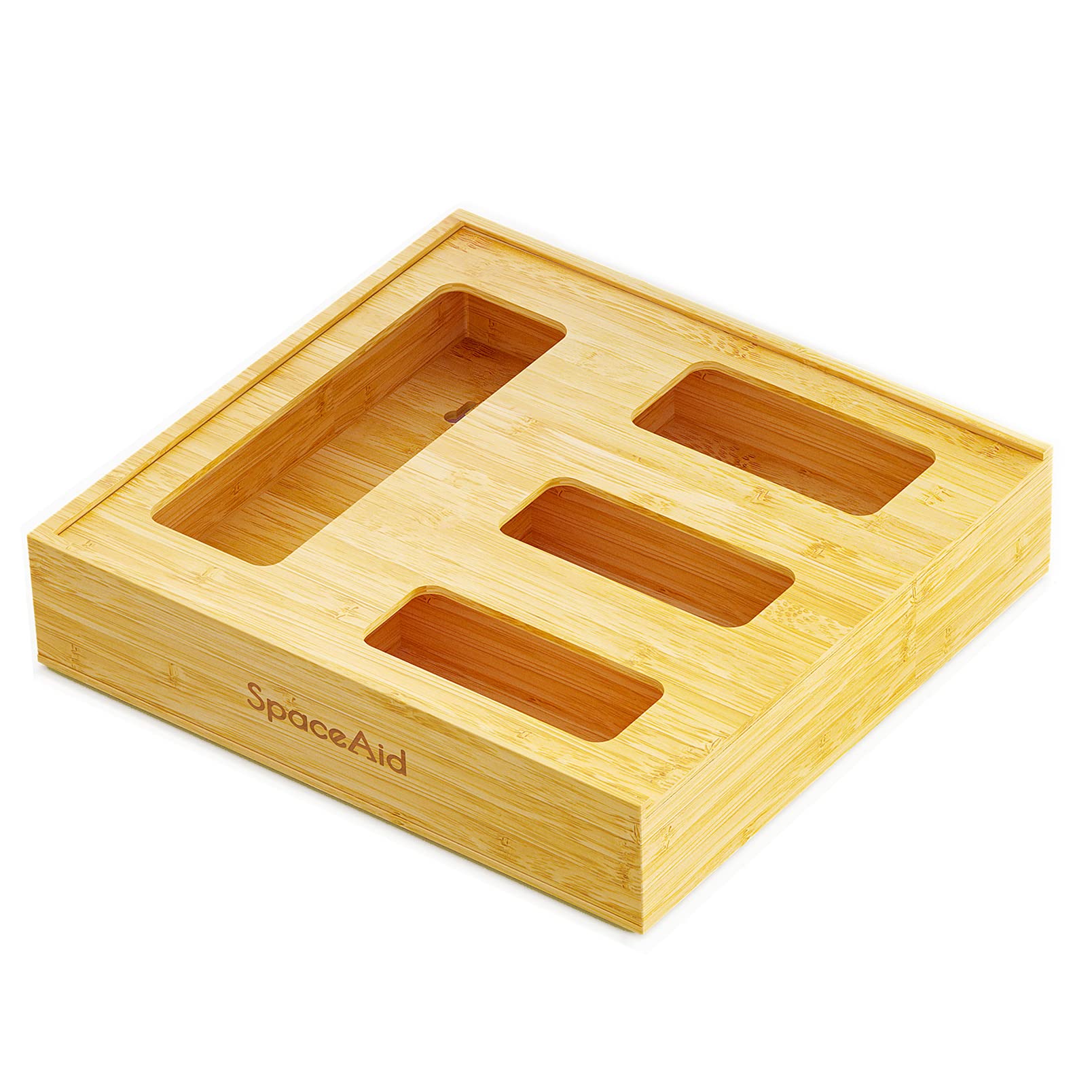 SpaceAid Bag Storage Organizer for Kitchen Drawer, Bamboo Organizer, Compatible with Gallon, Quart, Sandwich and Snack Variety Size Bag (1 Box 4 Slots), 2.5" High