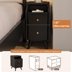 AQIMUELE Small Nightstand with Drawers, Solid Wood Bedside Table, Narrow Walnut Nightstand for Bedroom