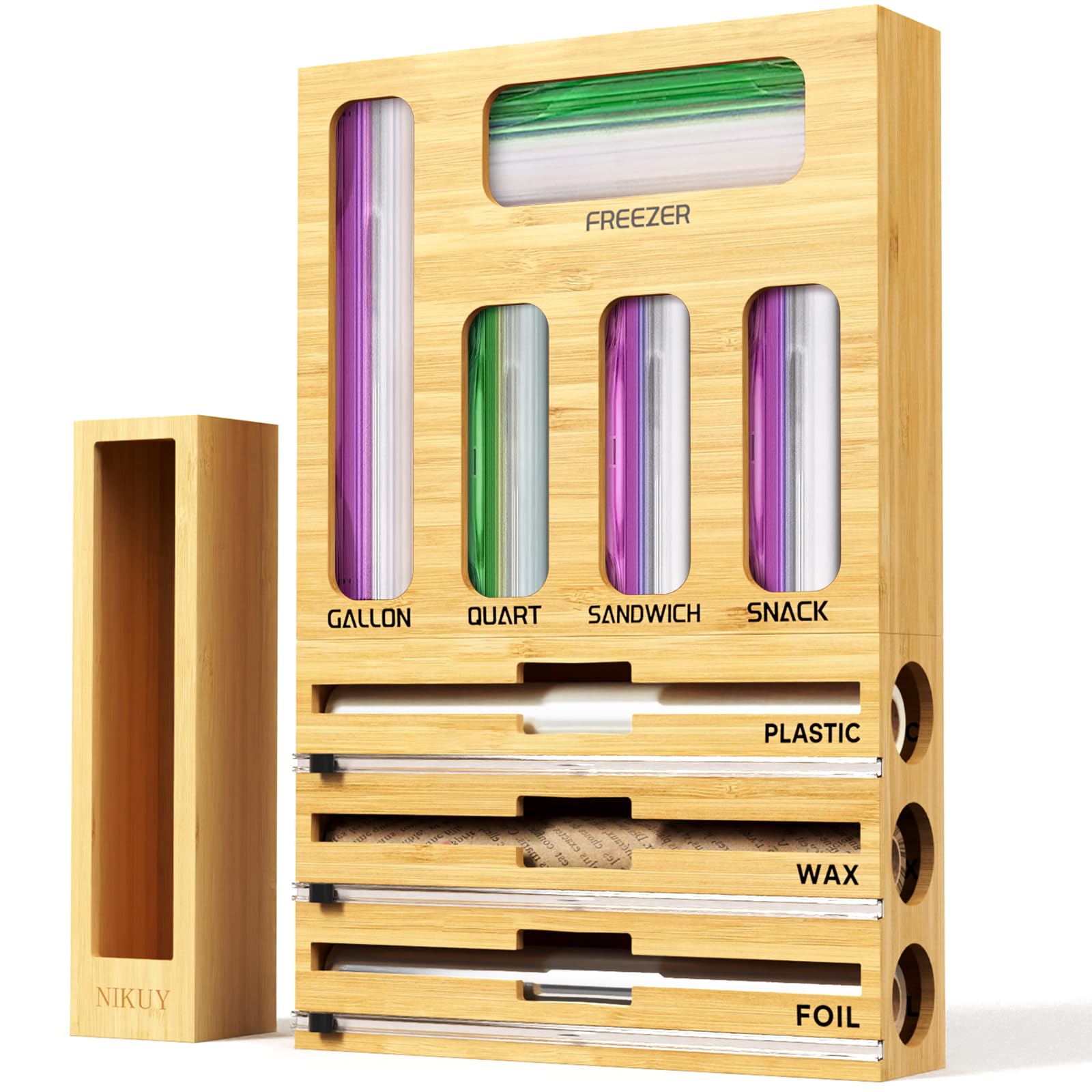 9 IN 1 Bamboo Foil and Plastic Wrap Organizer for Kitchen Drawer, Plastic Bag Organizer Organization and Storage, Food Storage Bag Organizer with Labels for Quart Gallon Snack Sandwich Bag