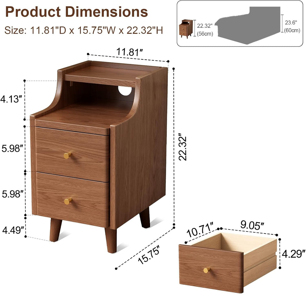 Narrow Nightstand with 2 Drawers,Walnut Nightstand,Bedside Table,Solid Wood Modern Bedside Table for Bedroom,Study,Toilet