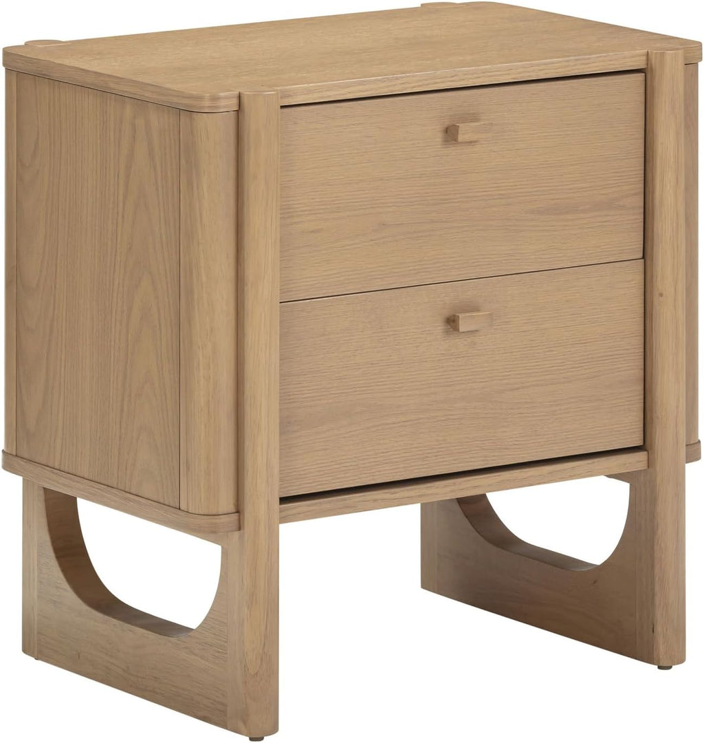 Nathan James Solace Mid Century Modern 2 Drawer Nightstand with Solid Wood Frame and Rounded Details, Raw Oak