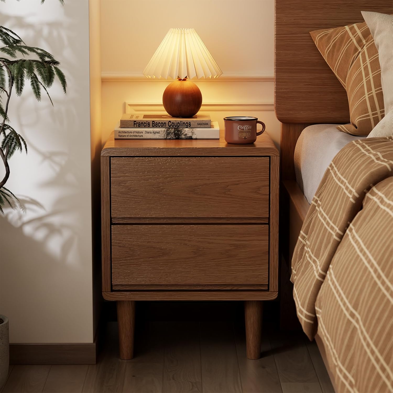 Solid Wood Nightstand, Walnut Nightstand with Drawers Mid Century Modern Night Stand,Wood Night Stands,Small Bedside Table for Bedroom, Dorm and Living Room, Walnut Bedside Table