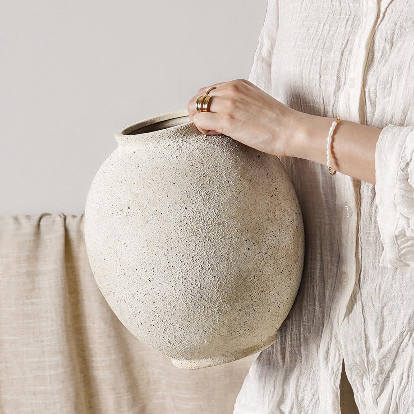 Large White Ceramic Vase - 9.8 Inch Rustic Farmhouse Flower Vase for Home Decor, Minimalist Tall Vases for Living Room, Table, Bathroom, Holiday & Weddings (Sandstone White)