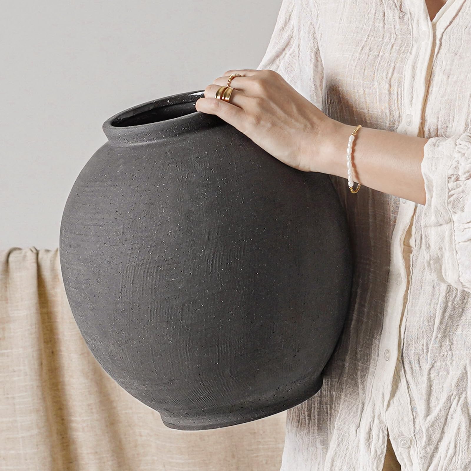 Large White Ceramic Vase - 9.8 Inch Rustic Farmhouse Flower Vase for Home Decor, Minimalist Tall Vases for Living Room, Table, Bathroom, Holiday & Weddings (Sandstone White)