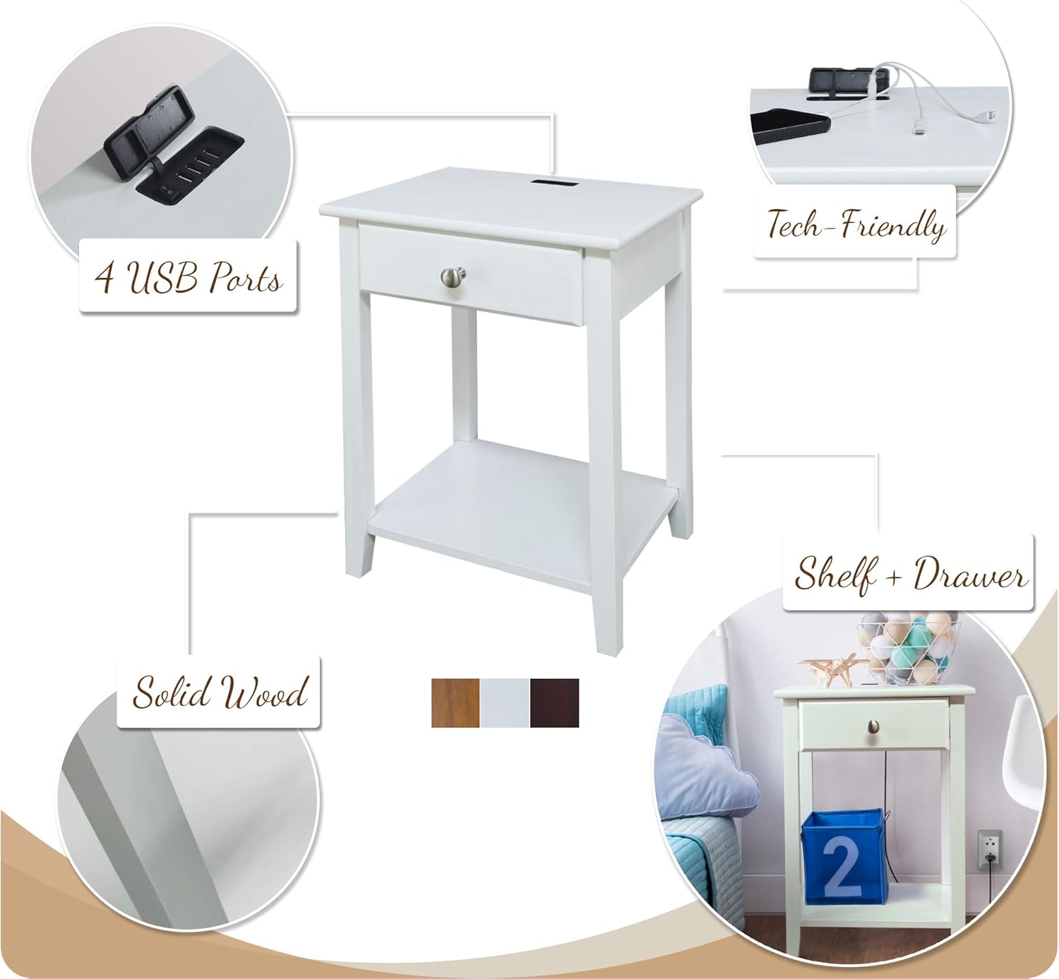Casual Home Owl Night Stand with USB Port Charging Station and Drawer, 17.5"W x 14.25"D x 24.5"H, Warm Brown