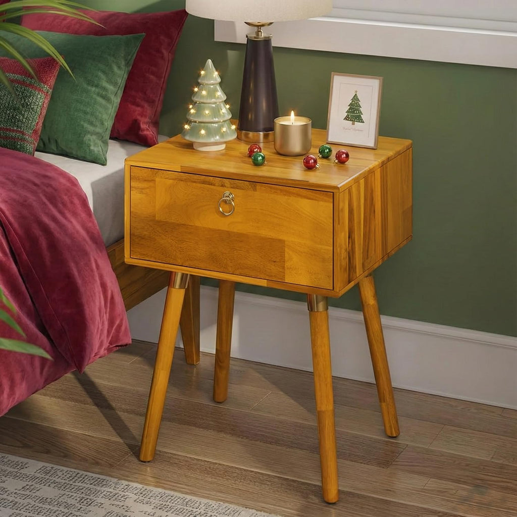 Bme Alden Solid Wood Nightstand/Side Table/End Table, Fully Assembled, with 1-Drawer for Mid Century Bedroom and Living Room, (12mm), Dark Chocolate