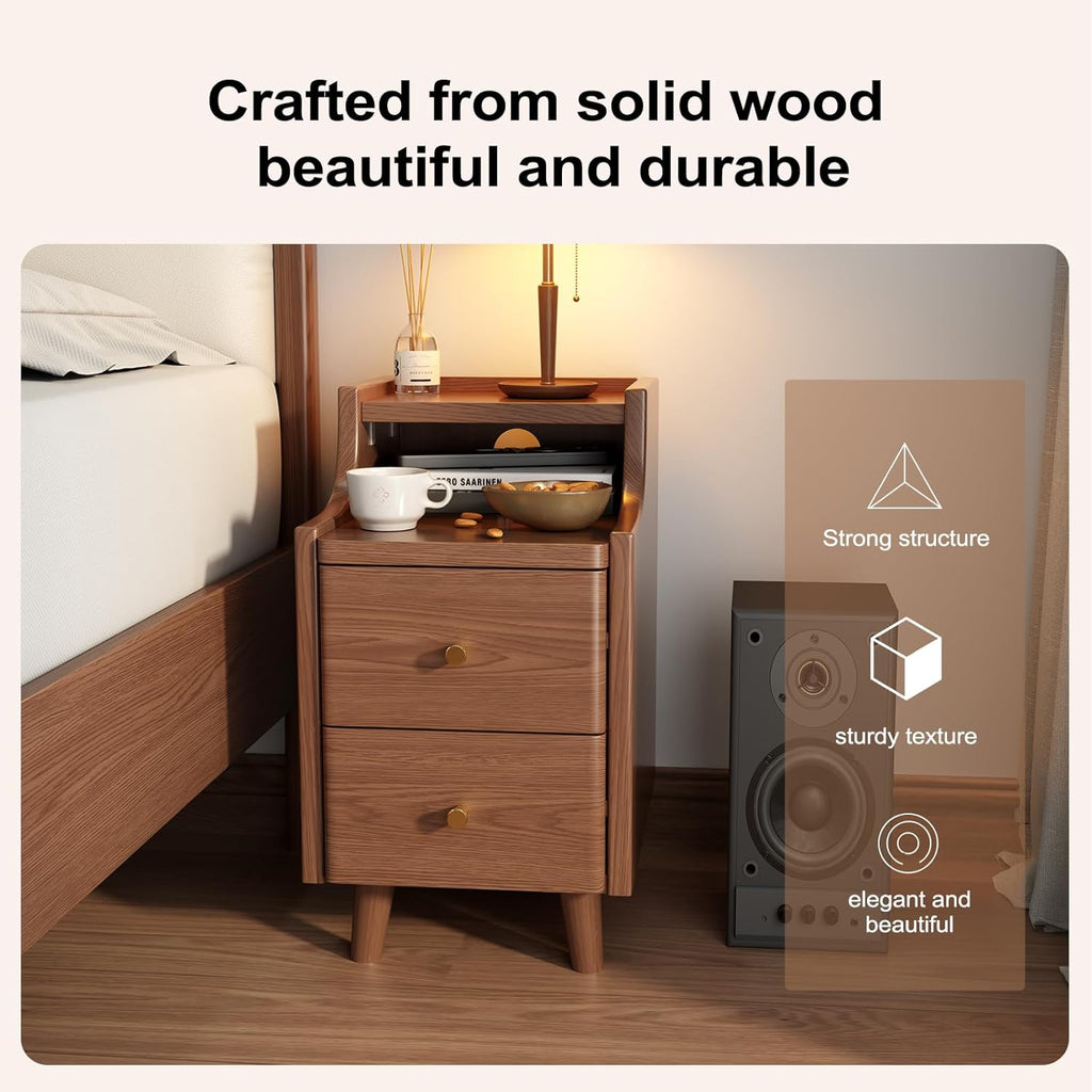 Narrow Nightstand with 2 Drawers,Walnut Nightstand,Bedside Table,Solid Wood Modern Bedside Table for Bedroom,Study,Toilet