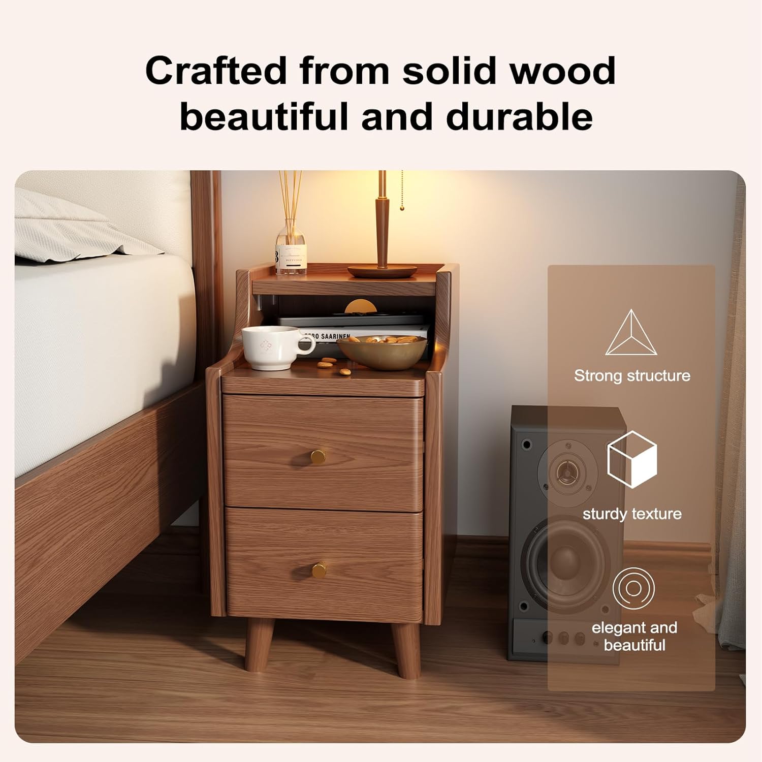 Narrow Nightstand with 2 Drawers,Walnut Nightstand,Bedside Table,Solid Wood Modern Bedside Table for Bedroom,Study,Toilet