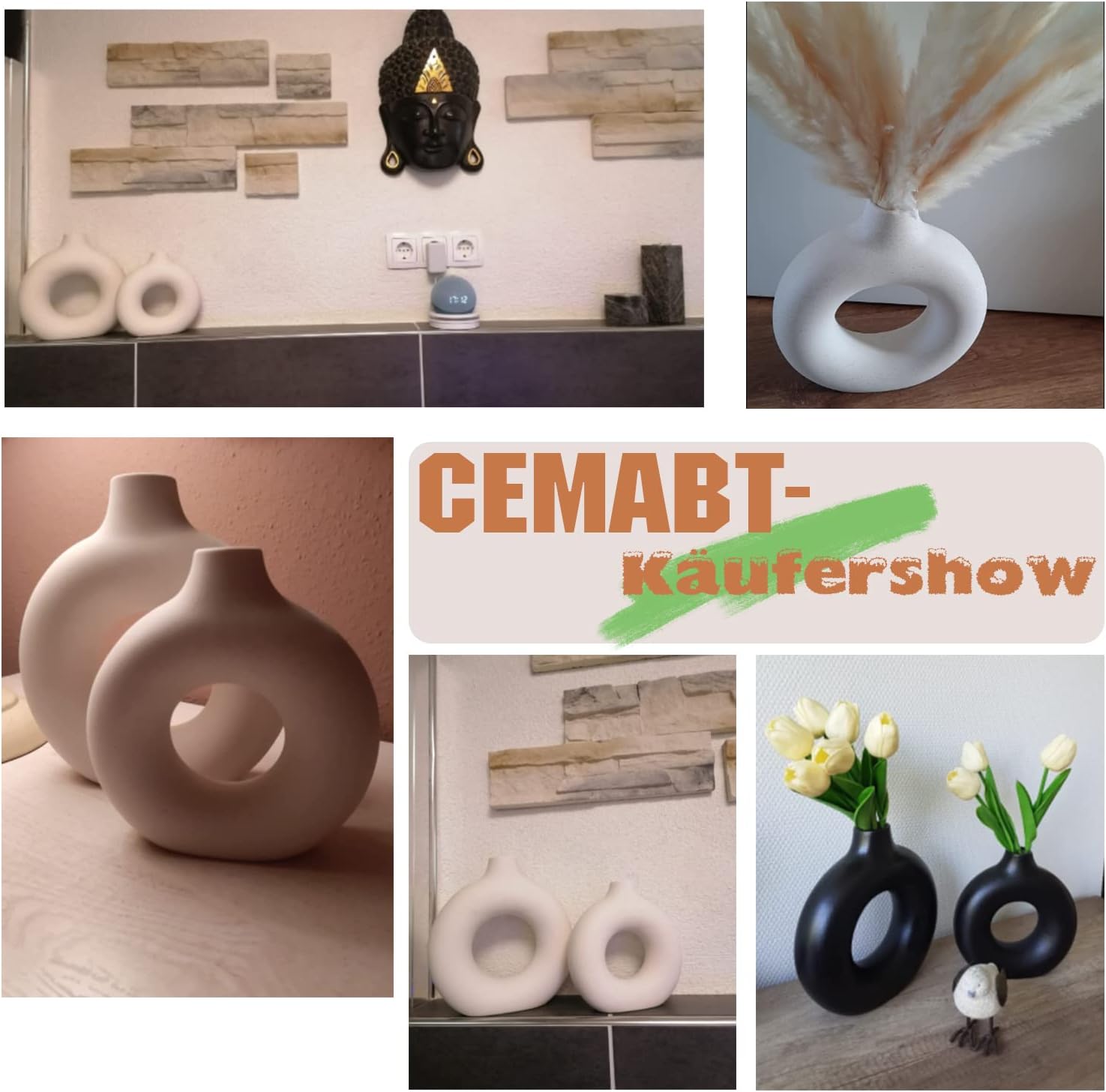 CEMABT Black Donut Vase Hollow Ceramic Vase for Flowers Handmade Minimalist Boho ins Style Modern Home Decor for Wedding Dinner Table Party Living Room Office Bedroom（M